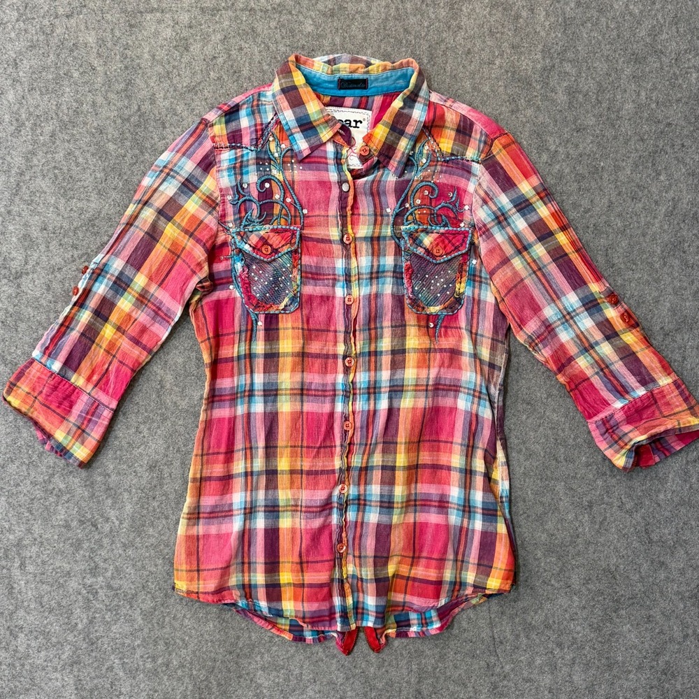 Destined To Roar Vintage Y2k Plaid Embellished Button Up Top Women's Size Medium